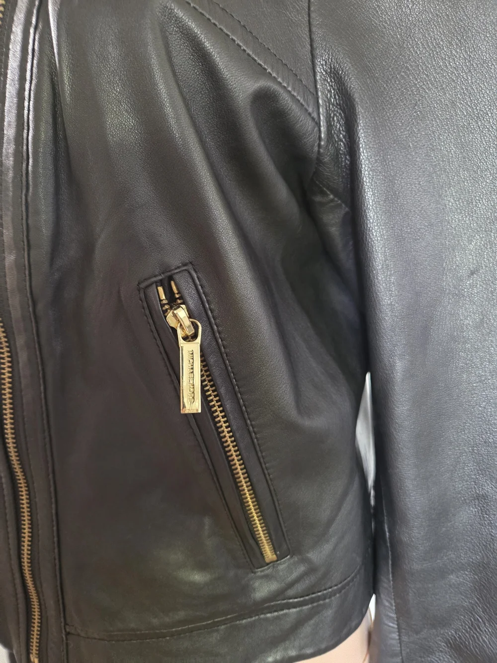 Michael Kors Womens Black Leather Moto Jacket with Gold Hardware Size 16